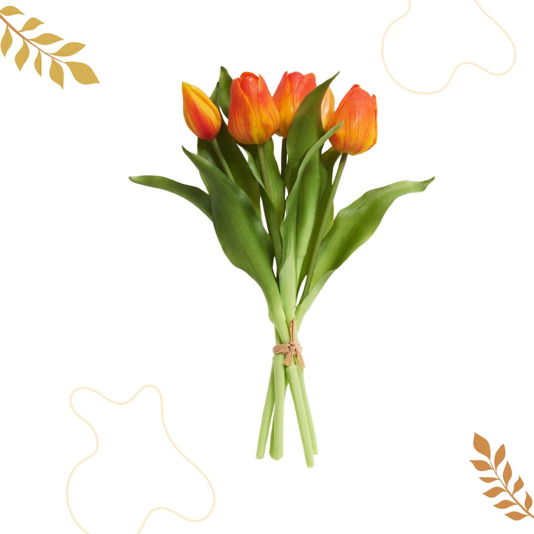 Buchet 5 lalele, Zola, realistice, lungime 28 cm, poliuretan, portocaliu/galben Buchet 5 lalele, Zola, realistice, lungime 28 cm, poliuretan, portocaliu/galben